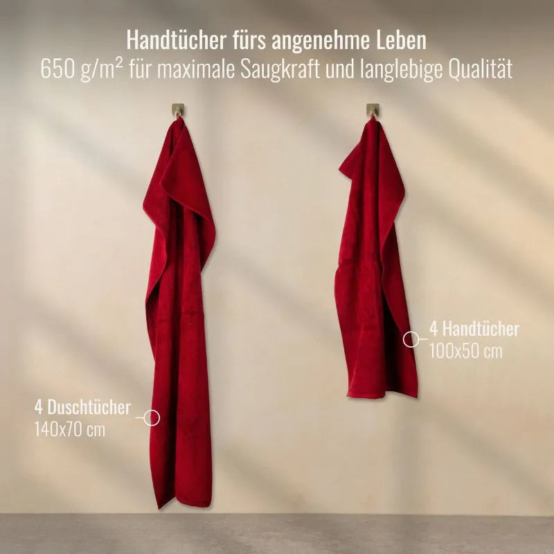 Zwei rote Handtücher 50x100 cm und zwei rote Duschtücher 70x140 cm  – saugstark, langlebig und perfekt für den täglichen Gebrauch im Bad.