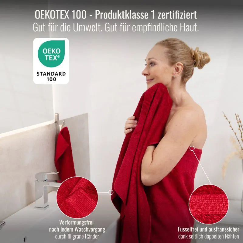 Flauschige Handtücher rot aus hochwertigem Frottier – saugstark, weich und angenehm auf der Haut.