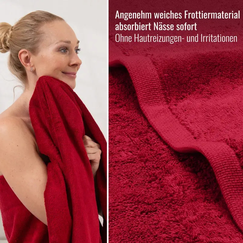 Rotes Bomlins Handtuch Set aus ägyptischer GIZA Baumwolle, gezeigt beim Abtrocknen und in Nahaufnahme mit weichem Frotteematerial und doppelt genähtem Rand
