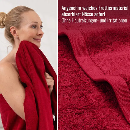 Rotes Bomlins Handtuch Set aus ägyptischer GIZA Baumwolle, gezeigt beim Abtrocknen und in Nahaufnahme mit weichem Frotteematerial und doppelt genähtem Rand