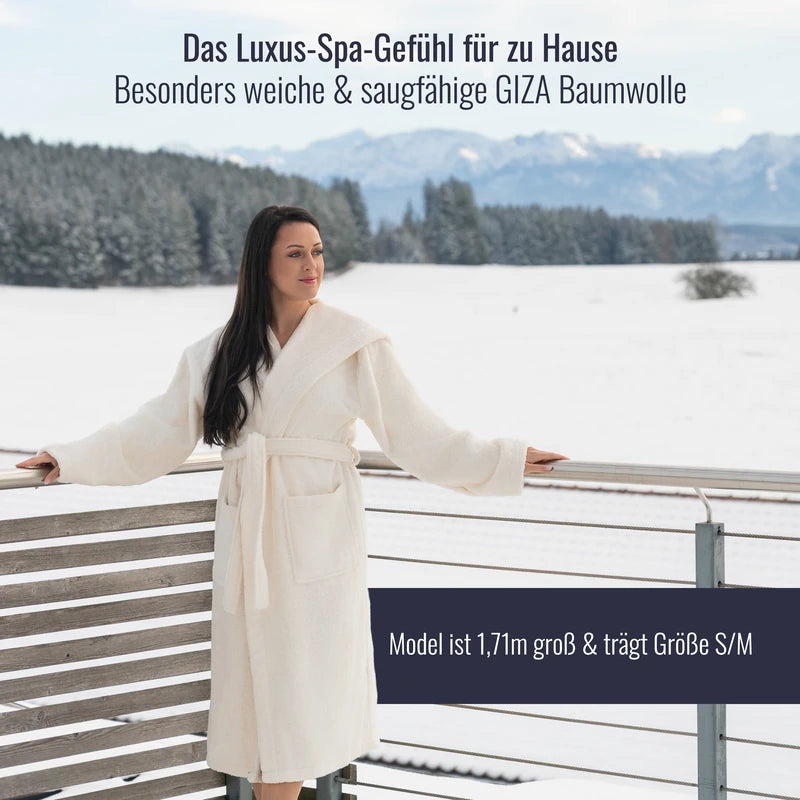 Bademantel beige für Damen aus GIZA Baumwolle, ideal für Spa und Wellness zu Hause.