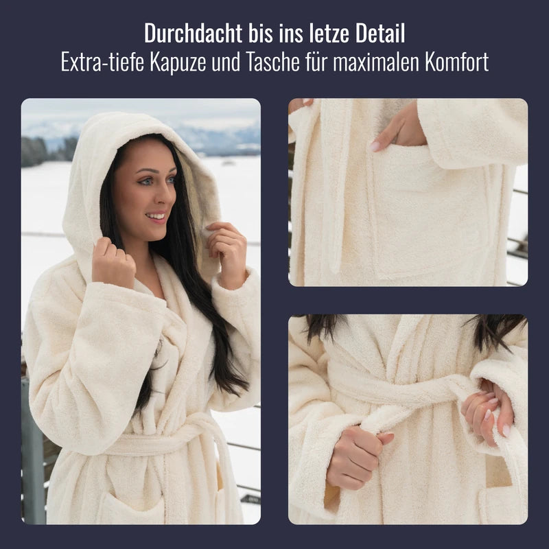 Bademantel Damen Elfenbein mit extra-tiefer Kapuze und Taschen für maximalen Komfort