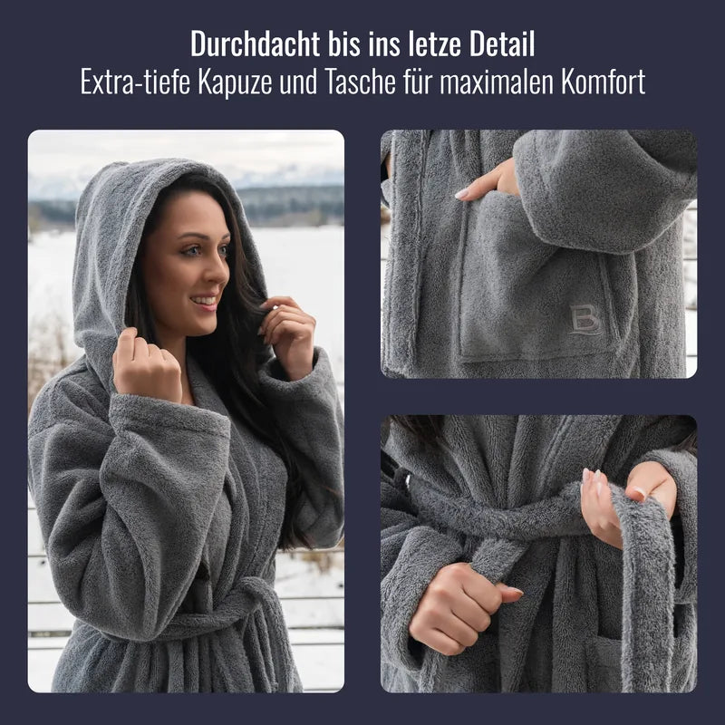 Details am Damen Bademantel Grau Anthrazit mit Kapuze, Tasche und Gürtel