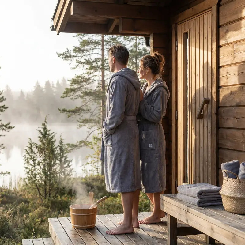 Paar in grauen Bomlins Bademänteln steht vor einer Sauna mit Blick auf einen ruhigen See in der Natur