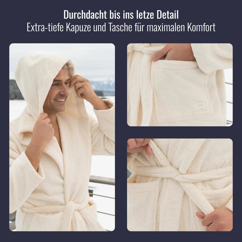 Bademantel Herren in Naturweiß Beige mit Details.