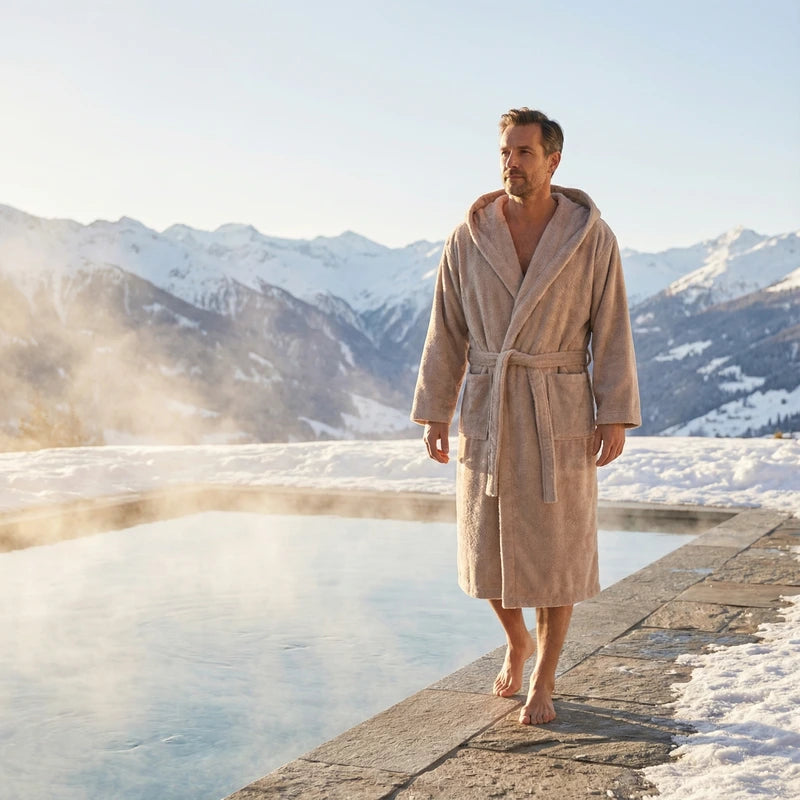 Mann in cashmerefarbenem Bomlins Bademantel aus GIZA Baumwolle geht barfuß am dampfenden Außenpool mit verschneiten Bergen im Hintergrund.