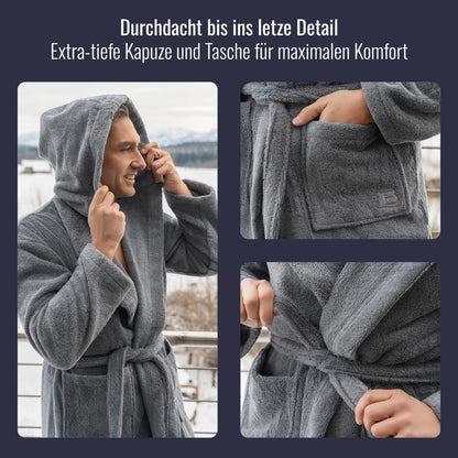 Bademantel Herren Grau mit allen Details.
