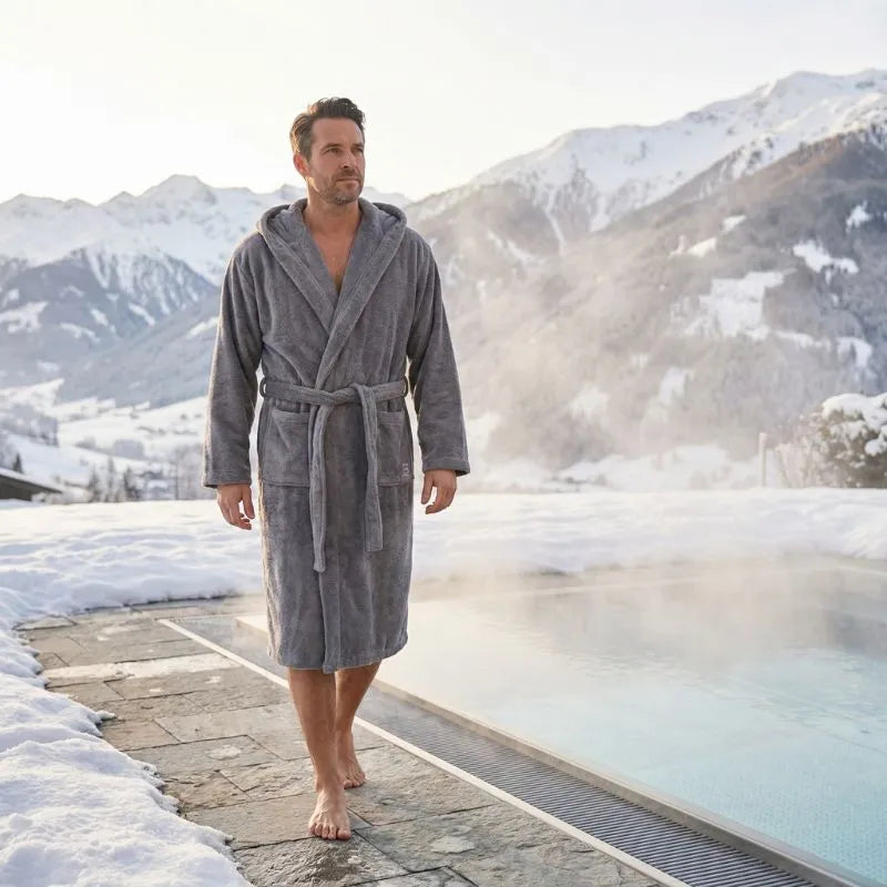 Grauer Bomlins Bademantel für Herren aus weicher Premiumqualität im Winterambiente am Außenpool
