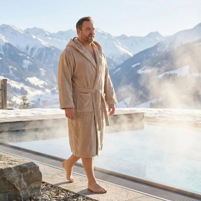 Mann in cashmerefarbenem Bomlins Bademantel XXL Herren aus GIZA Baumwolle geht barfuß am dampfenden Außenpool mit verschneiten Bergen im Hintergrund.