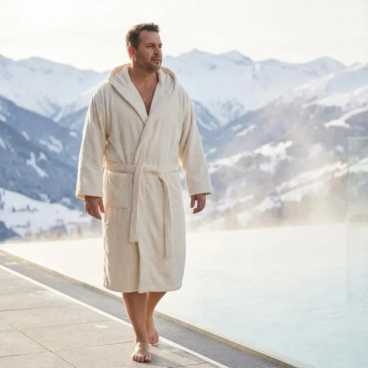 Mann in beigen Bomlins Bademantel XXL aus GIZA Baumwolle geht barfuß am beheizten Außenpool vor winterlicher Bergkulisse.