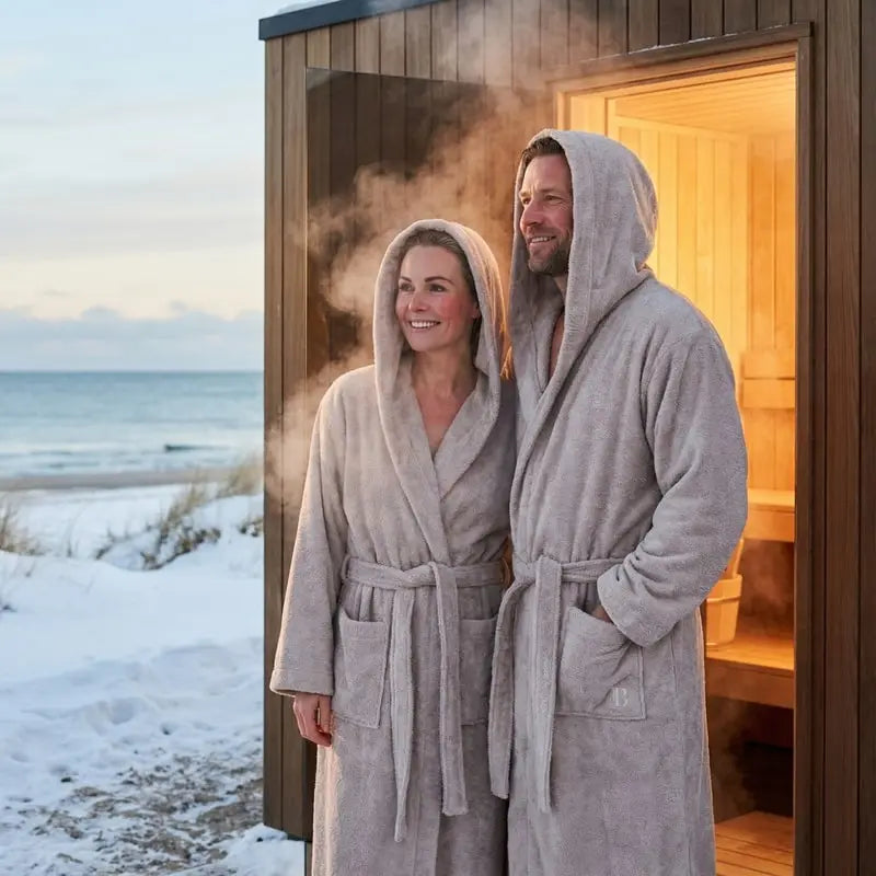 Saunabademantel in der Farbe Cashmere - Unisex für Damen und Herren.