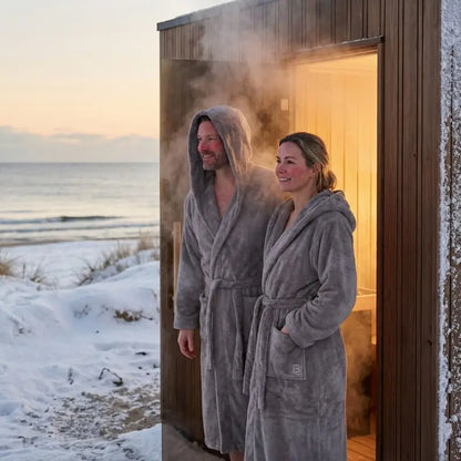 Saunabademantel Grau für Damen und Herren.