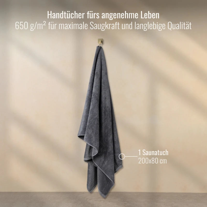 Saunatuch Grau Anthrazit 80x200 cm aufgehängt im Badezimmer